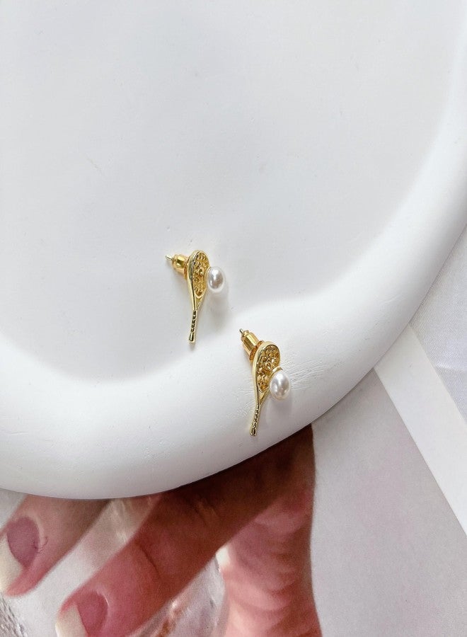 Cykdohy Tennis Racket Stud Earrings For Women Men Gold-Plated Fashion Statement Hollow Racquet Simple Imitation Pearl Ball Earring Sporty Lover Jewelry for Player Fan - Image 2
